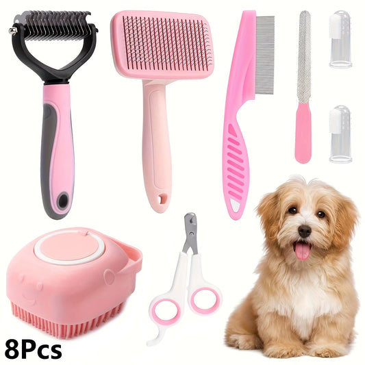 8Pcs,Dog Brush Grooming Set, Pet Cleaning Set, Pet Nail Clippers & Files, Pet Shampoo Brushes, Hair Removal Brushes Toothbrush