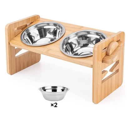 Wooden Elevated Dog Feeding Bowls with Stand Adjustable Height Raised Puppy Cat Food Water Bowls Holder Feeder for Pets Products