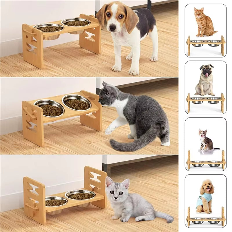 Wooden Elevated Dog Feeding Bowls with Stand Adjustable Height Raised Puppy Cat Food Water Bowls Holder Feeder for Pets Products