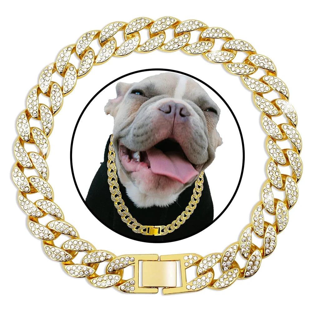 Dog Cuban Gold Chain Luxury Diamond Dog Collar Pet Metal Necklace Jewelry Accessories for Small Medium Large Dogs Cats Pet Gift