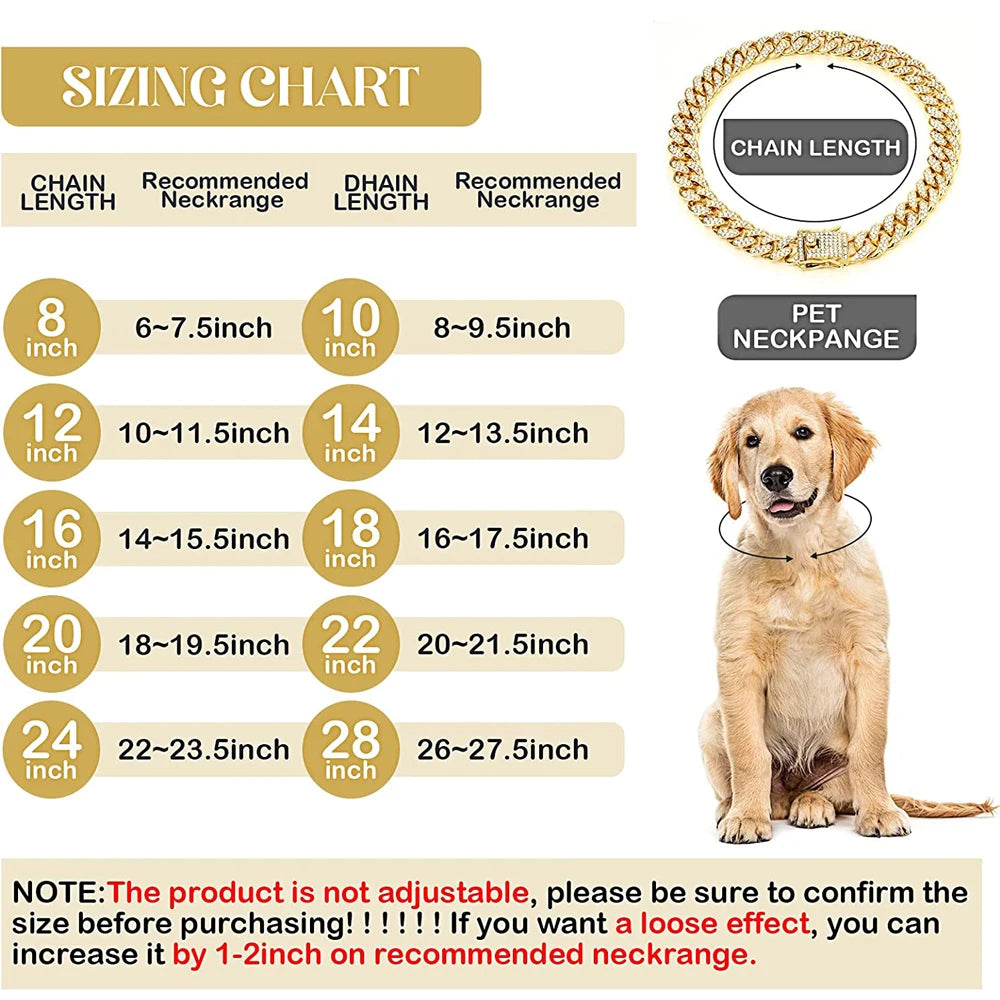 Luxury Gold Dog Chain Collar Cuban Chain Link Choke Collar for Small Medium Large Dogs, Pet Necklace Jewelry Crystal Accessories