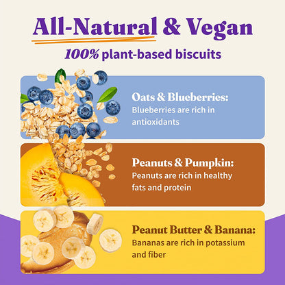 Plant-Based Dog Treats Variety Pack, Oats & Blueberries, Peanut Butter & Banana, Peanuts & Pumpkin, Vegan Dog Treat Pouch, 8Oz Bag, 3 Count